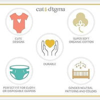 Cat & Dogma baby products with icons and text highlighting features like 'Cute Designs', 'Super Soft Organic Cotton', 'Durable', 'Perfect Fit for Cloth or Disposable Diapers', and 'Gender Neutral Patterns and Colors'.
