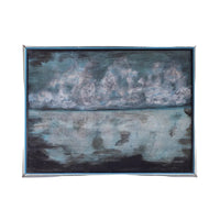 A framed landscape painting depicting a cloudy sky and water reflection, mounted on a plain white wall.