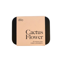 A square product box for Dilo Cactus Flower incense cones, featuring a light peach-beige front label with black text and black rounded corners on a white background.