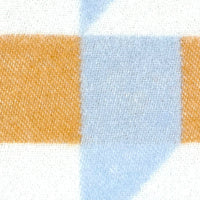 A close-up of a woven fabric pattern featuring a white base with a light blue geometric triangle and a mustard yellow horizontal stripe.