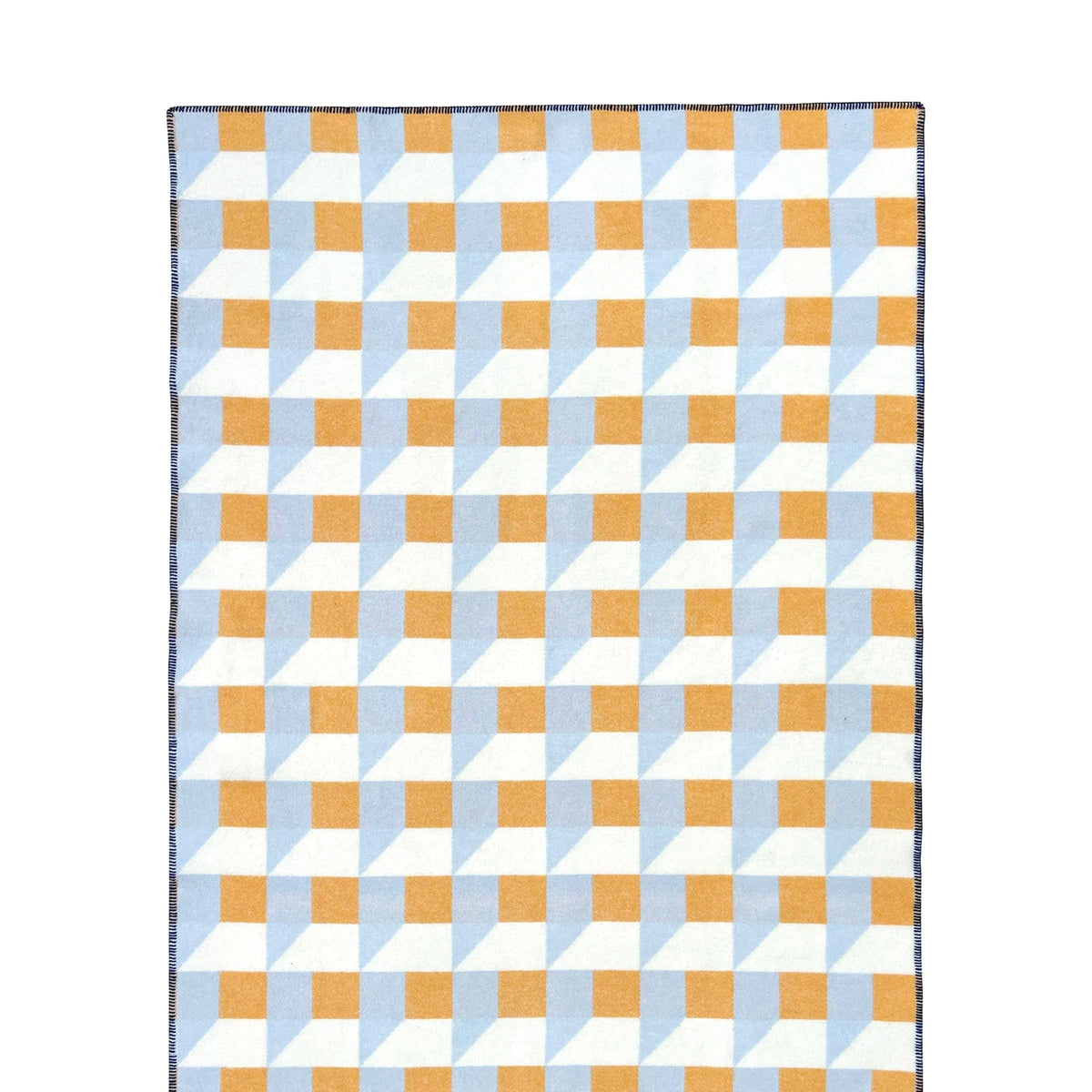 A rectangular woven textile with a geometric checkerboard pattern in light blue, white, and mustard yellow, featuring a small white label near the bottom right.