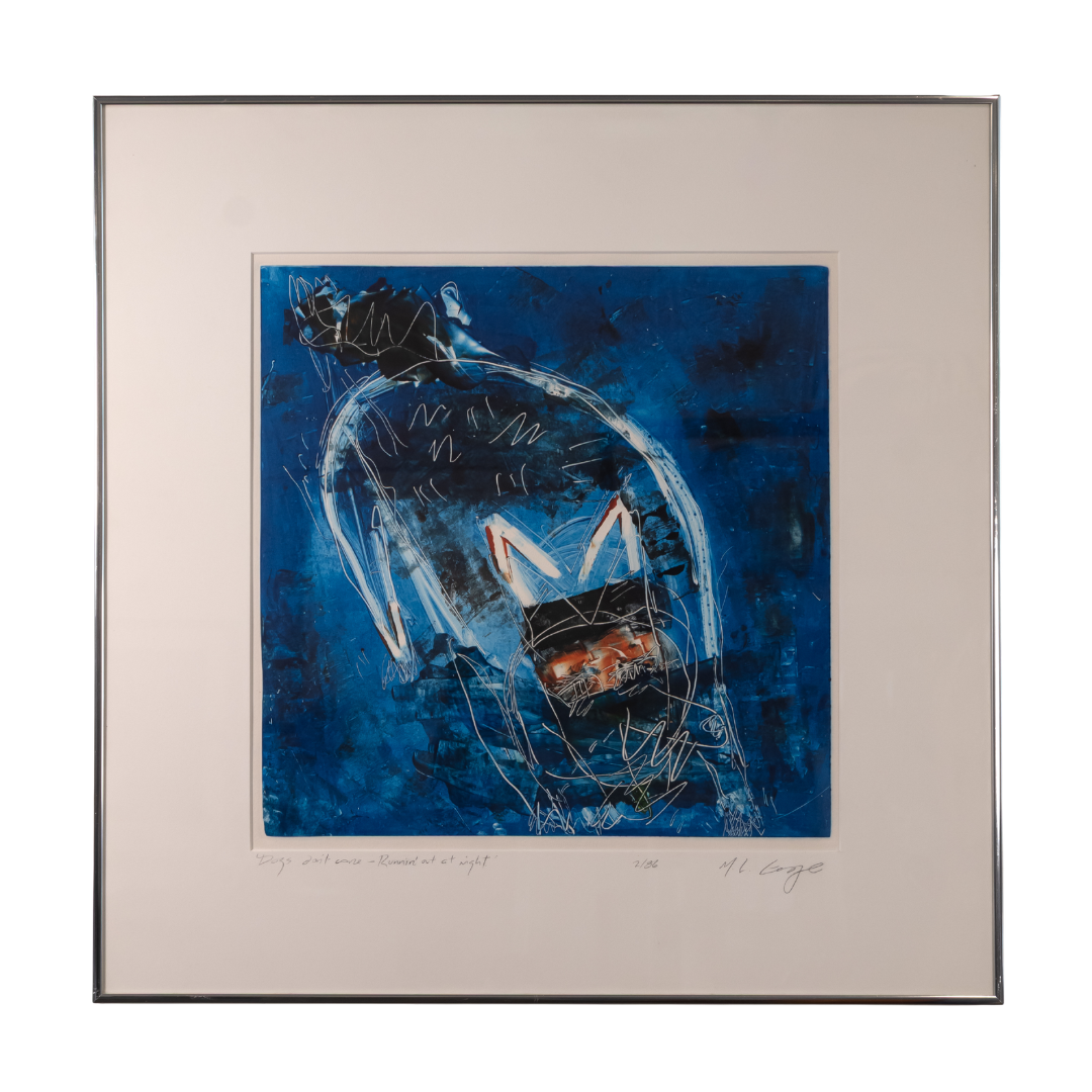 A framed abstract art print featuring a blue and black composition with white and orange accents, surrounded by a wide beige mat and a thin dark frame.