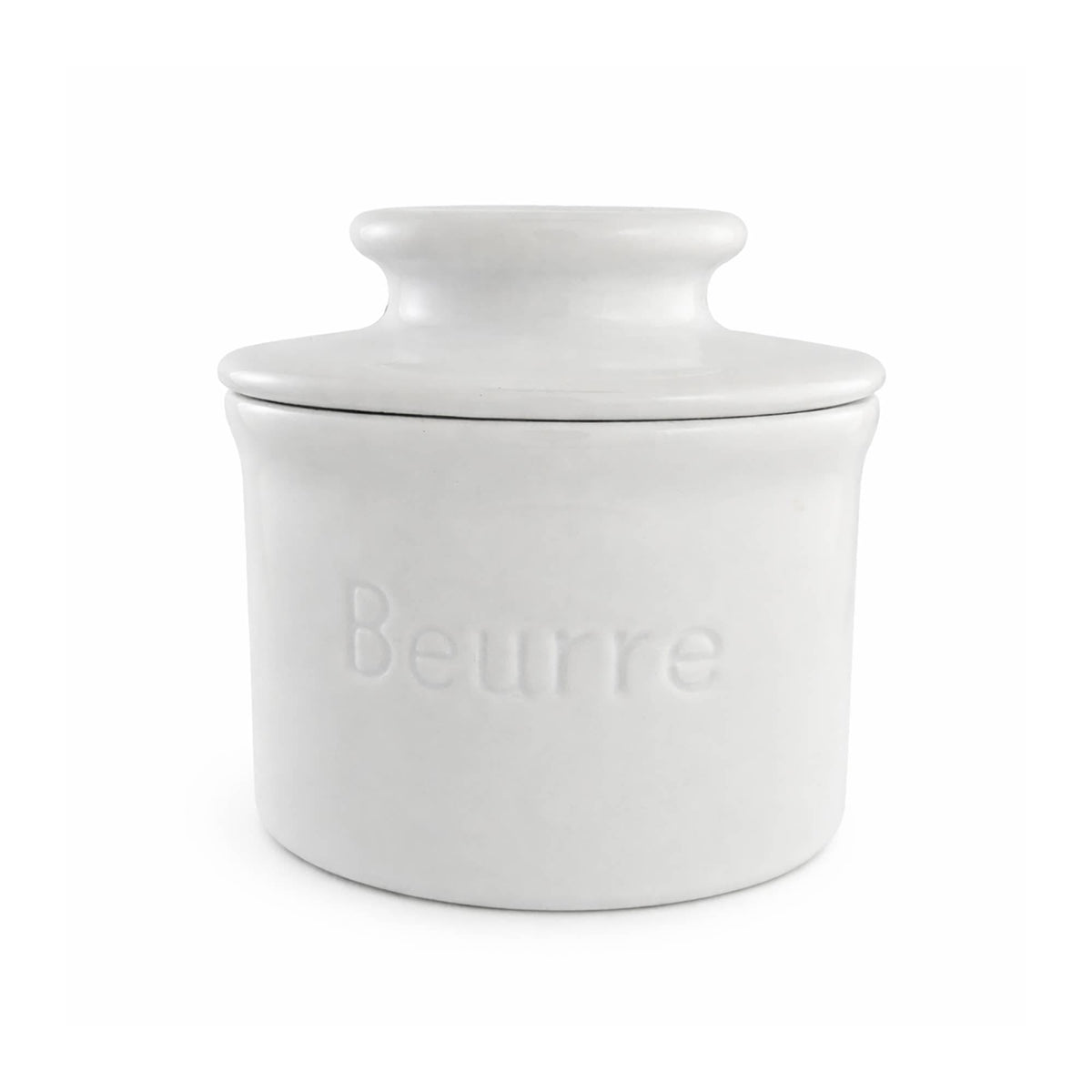 White ceramic butter dish with lid on a white background