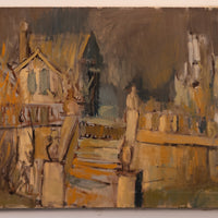 An impressionistic oil painting depicting a rustic house and staircase in warm earthy tones of brown, ochre, beige, and muted gray, with a small figure standing on the steps.