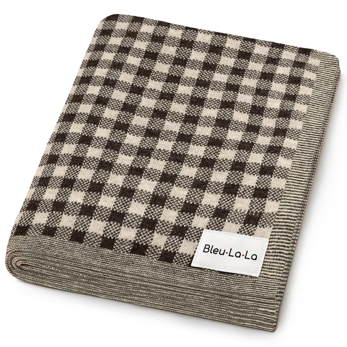 Folded checkered blanket with 'Bleu-La-La' label on a white background