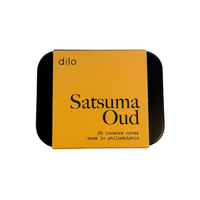 A square black tin of Dilo Satsuma Oud incense cones, featuring a prominent mustard yellow label with black text, set against a plain white background.