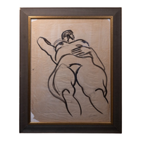 A framed abstract art print featuring a black line drawing of two embracing figures on a textured beige background, enclosed in a dark brown textured frame with a gold inner border.