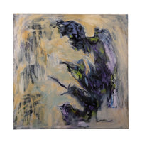 An abstract canvas painting featuring expressive brushstrokes in deep purple, black, yellow, and gray on a light beige background, mounted on a neutral wall.