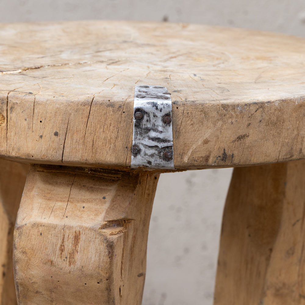 Vintage African Patched Wood Stool Round