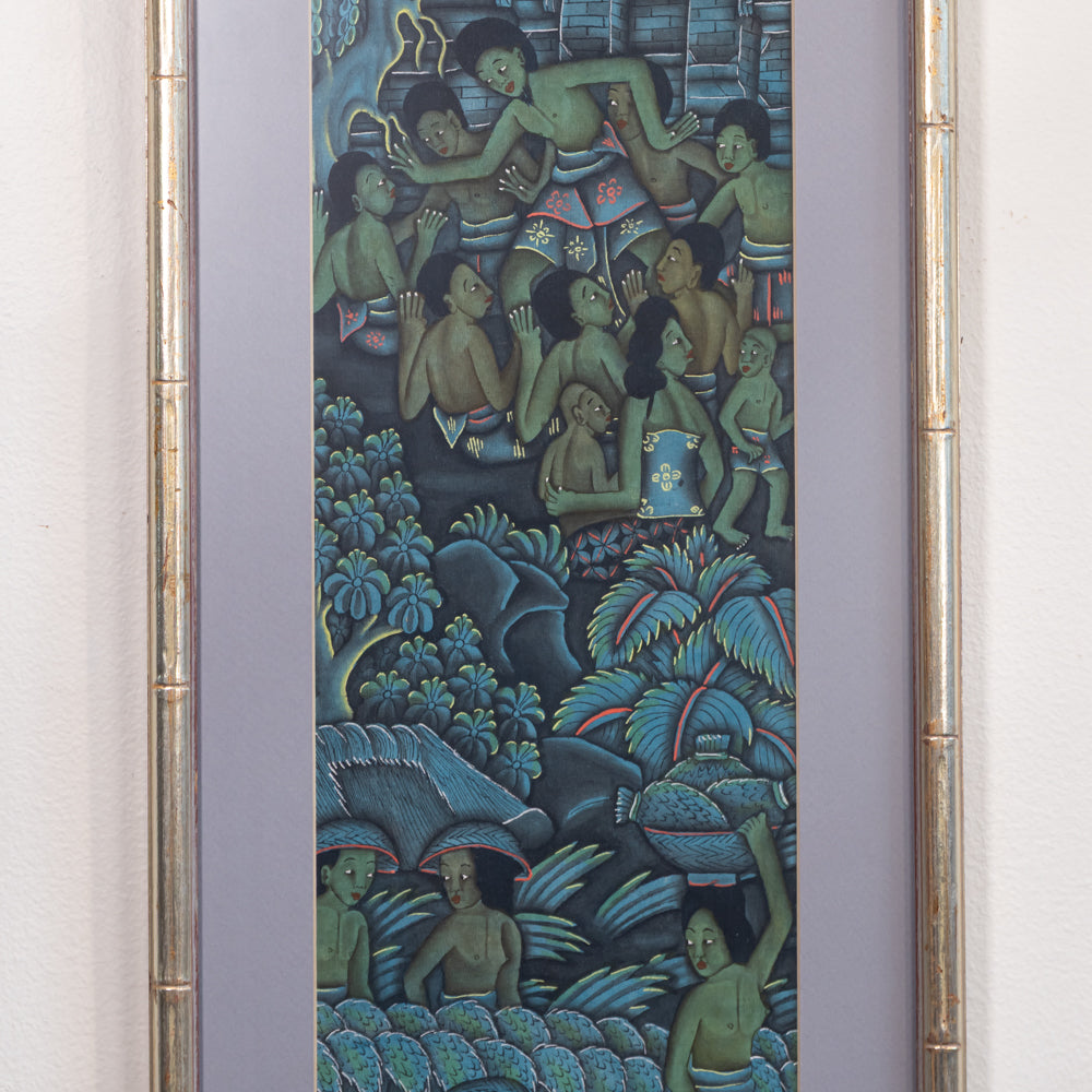 A framed art print featuring a traditional Filipino painting depicting figures in a lush, tropical landscape. The artwork is housed in a bamboo-style frame with a light gray mat board.