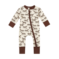A baby long-sleeve footless one-piece sleeper with a brown horse print on an off-white background, featuring solid brown cuffs and hem, and a front zipper.