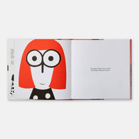 Open book with a character illustration and text on a white background