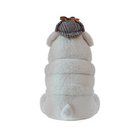 Plush toy resembling a bulldog with a tweed hat on a white background