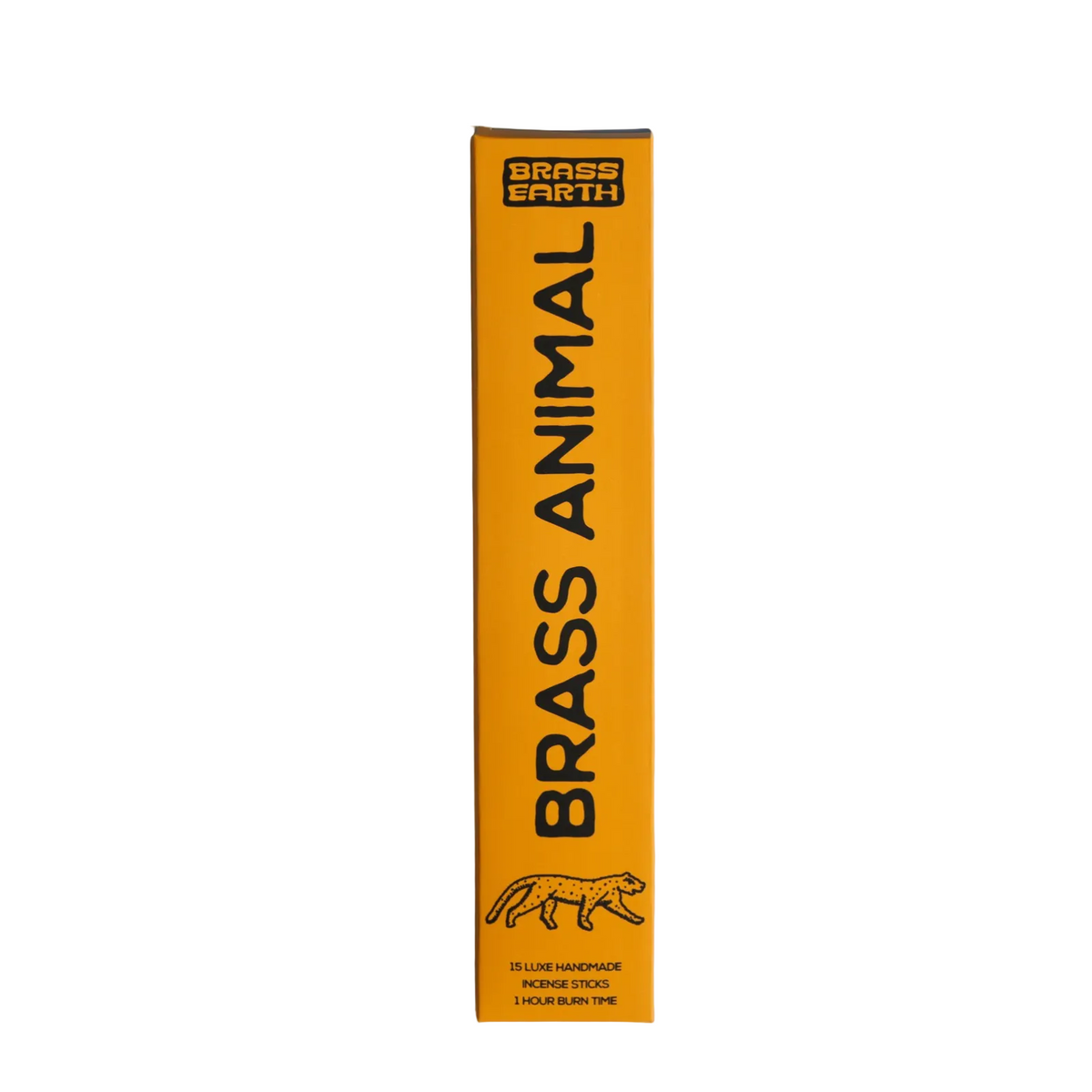 A tall, narrow orange-yellow box for Brass Animal perfume sticks by Brass Earth, standing vertically against a light gray background.