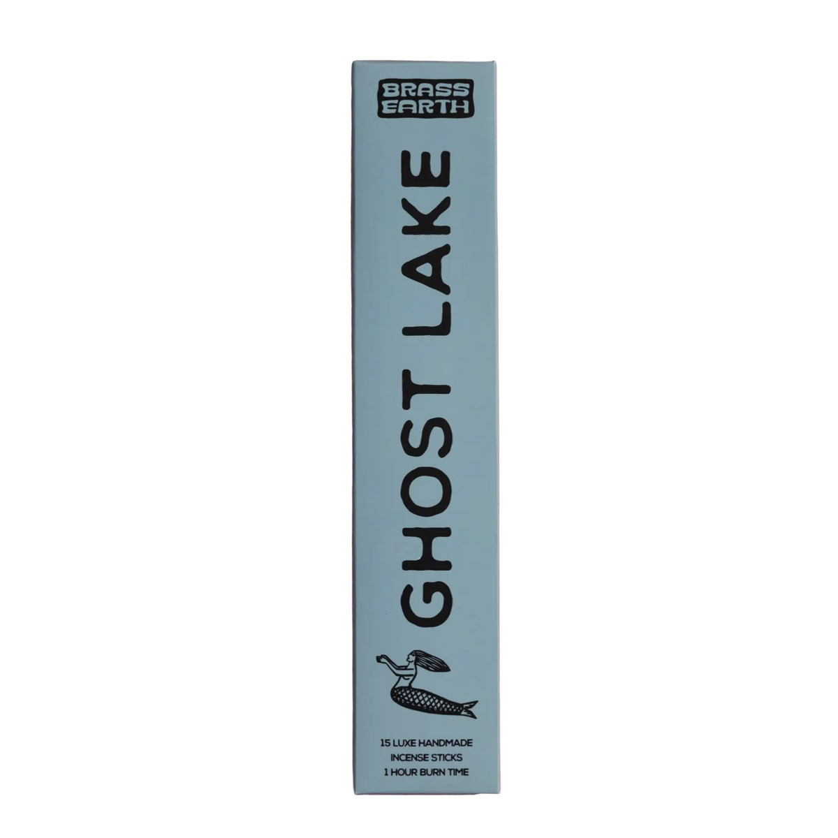 A tall, narrow light blue box for Grass Earth Ghost Lake incense sticks, standing vertically against a soft pink gradient background.