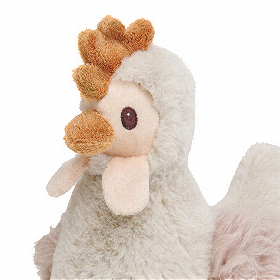 A plush stuffed chicken toy with fluffy white and pale pink body feathers, a peach-orange beak, and a matching peach-orange crest on a plain white background.