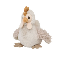 A plush toy chicken with fluffy off-white feathers, a tan comb, and a peach beak, photographed on a clean white background.