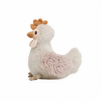 A small plush chicken toy with fluffy off-white and pale pink body feathers, a tan beak, and an orange-brown comb, shown on a plain white background.