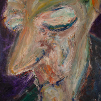 Abstract portrait painting of a face rendered with thick textured brushstrokes in beige, gray, teal, purple, orange, and black.
