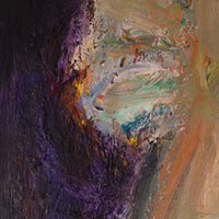 An abstract portrait painting of a face in profile, rendered with thick impasto brushstrokes in purple, black, beige, orange, teal, and brown tones.