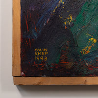 Close-up of an abstract painting showing thick textured brushstrokes in black, green, blue, red, and yellow, with a wooden frame edge and the signature 'COLIN KNEP 1993' visible.