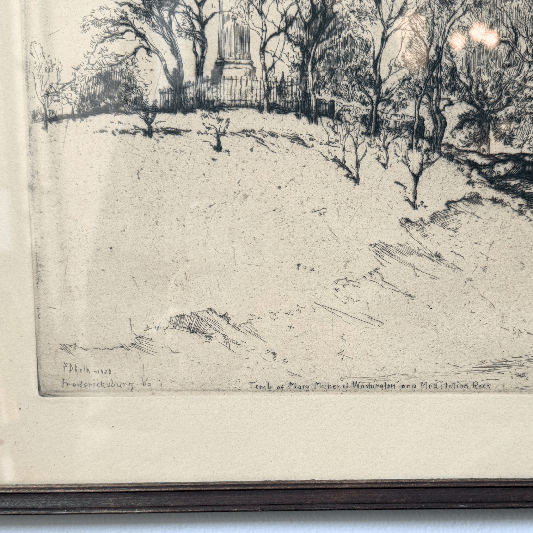 Engraving of a landscape with a monument and trees