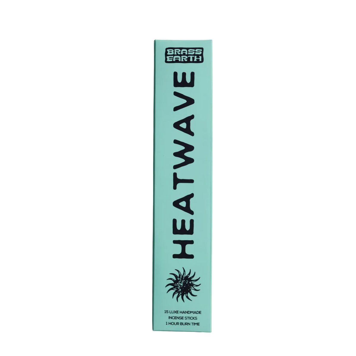 A tall, narrow mint-green box for Grass Earth Heatwave incense sticks, featuring bold black text and a sun graphic, set against a matching mint-green background.