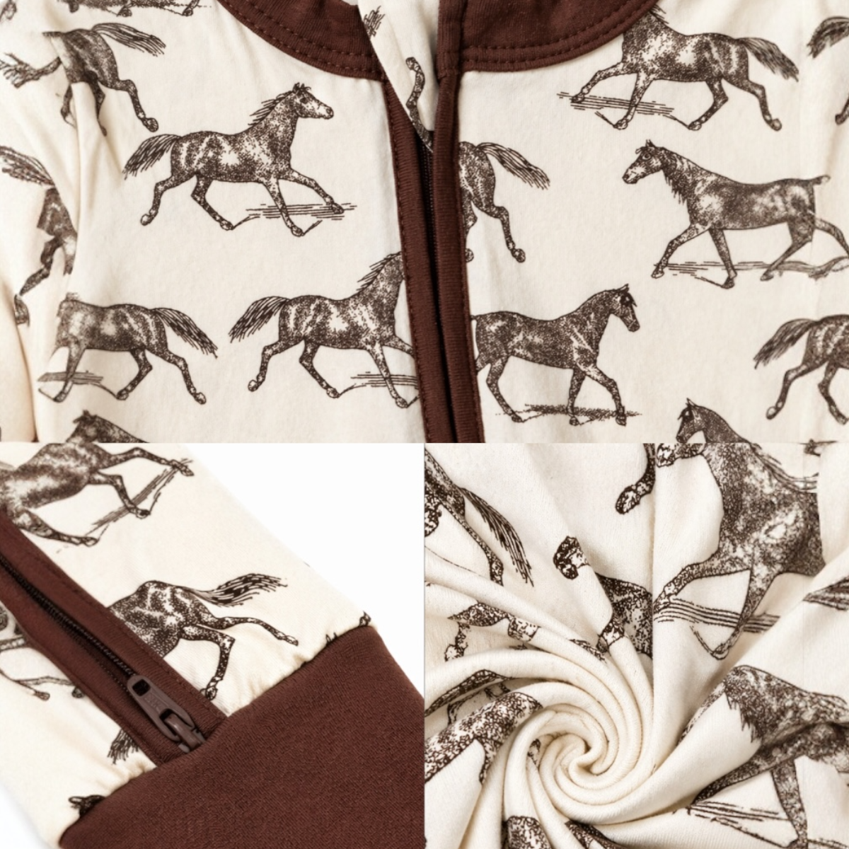 Children's outfit with horse pattern and brown trim, shown in close-up and swirled views.