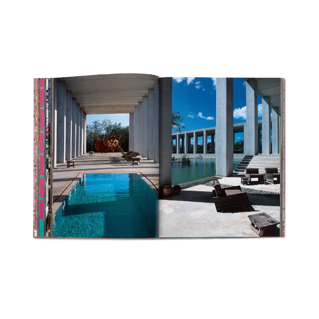 Open book showing images of a modern outdoor setting with a pool and lounge chairs.