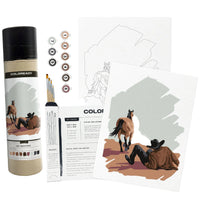 A color by color painting kit for horses, featuring a paint tube, a paintbrush, color chips, and two printed art sheets showing a cowboy and horse in various earthy tones.