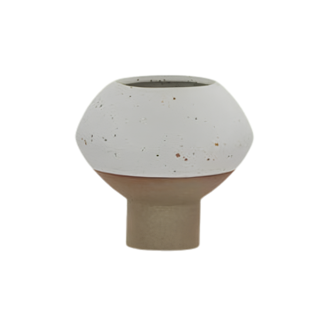 A handmade ceramic planter with a wide, rounded white speckled top and a tapered terracotta brown base, set against a plain white background.