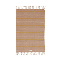 Beige and yellow striped towel with tassels on a white background