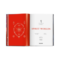 An open hardcover book titled 'Spirit Worlds' from 'The Library of Esoteric' series, published by Taschen. The left page is a vibrant red with white esoteric symbols, and the right page is white with black and red text.