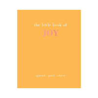 A minimalist book cover design with a solid orange-yellow background and the text 'the little book of JOY' in white and pink, with 'spread good cheer' at the bottom.