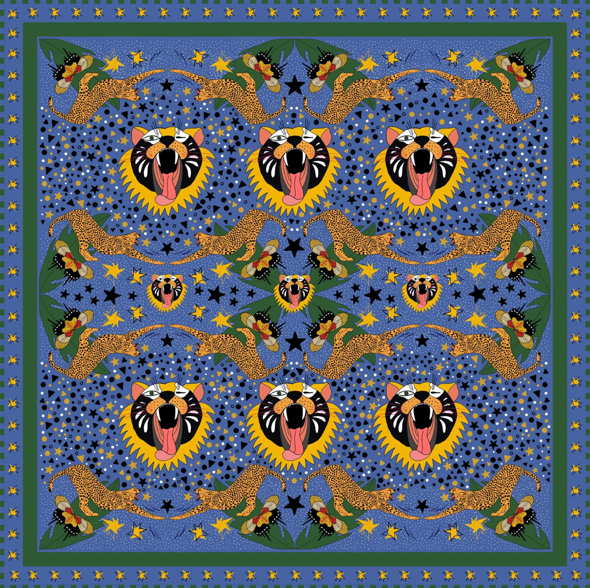 Decorative fabric with a pattern of leopards and stars on a blue background