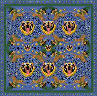 Decorative fabric with a pattern of leopards and stars on a blue background