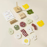 Set of wooden food-shaped toys on a beige background
